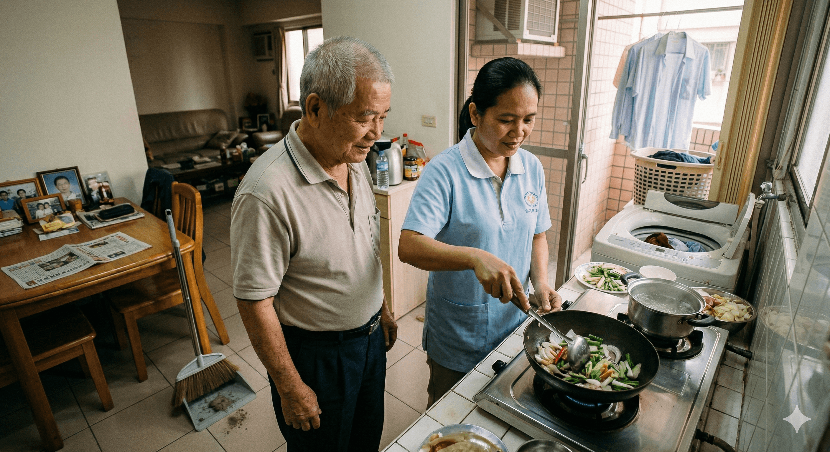 一名穿着蓝色制服的妇女在厨房为一位年长的男士炒菜。