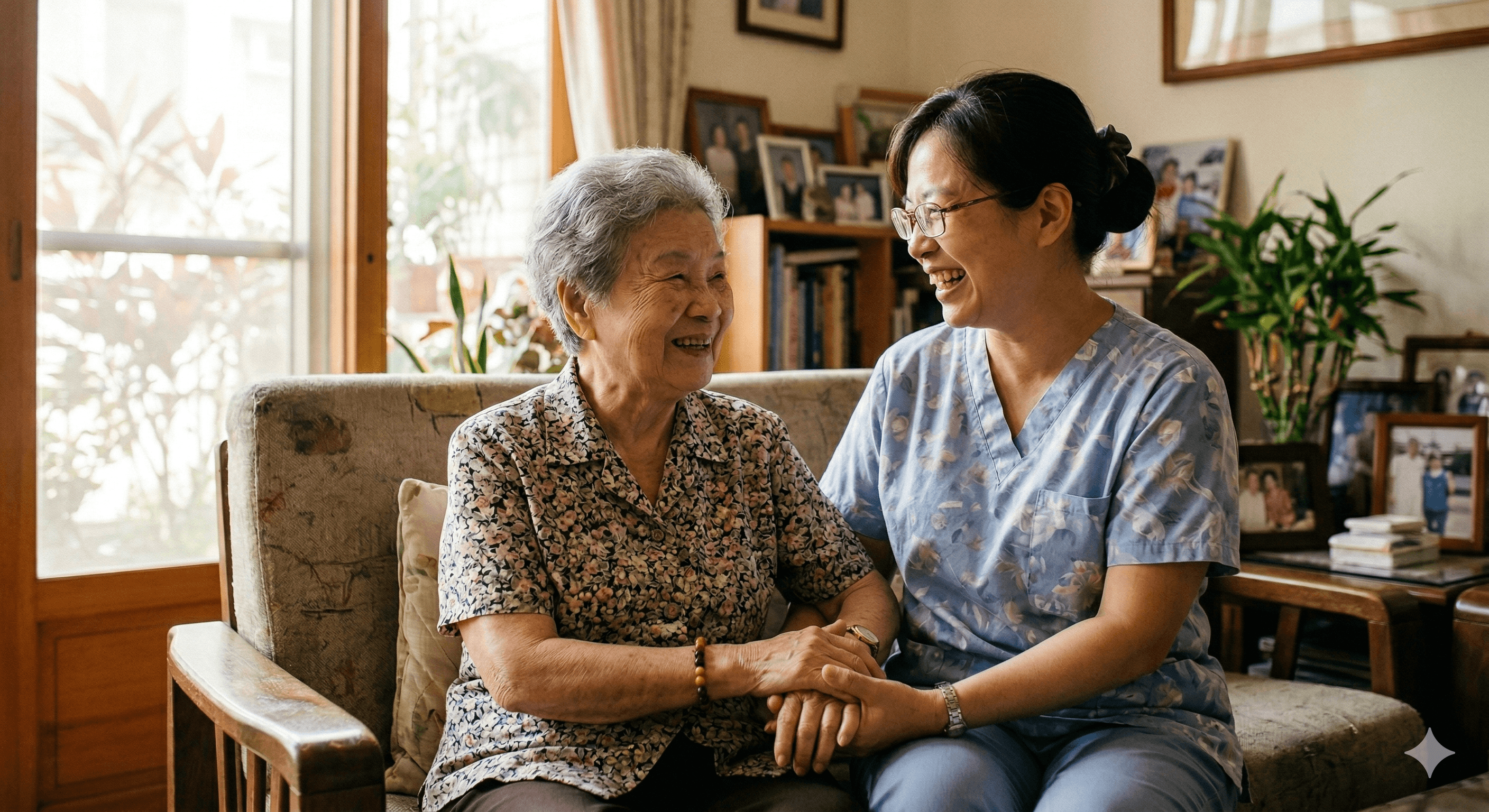 一位穿着碎花衬衫的老年妇女与身穿蓝色制服的护理人员在沙发上亲切地握手微笑。