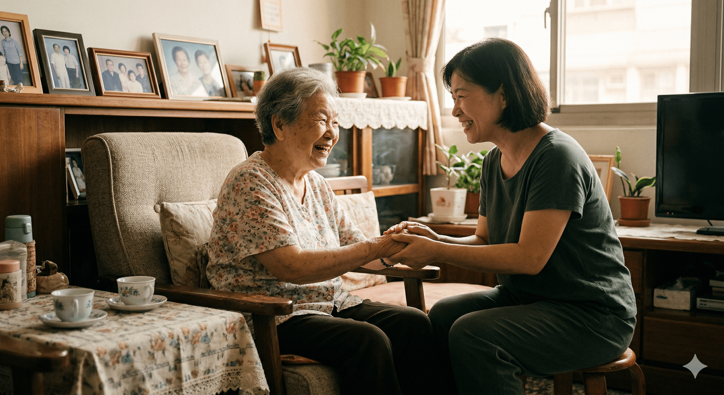 一位老妇人与年轻女子在客厅里握手欢笑,背景摆放着家庭照片。