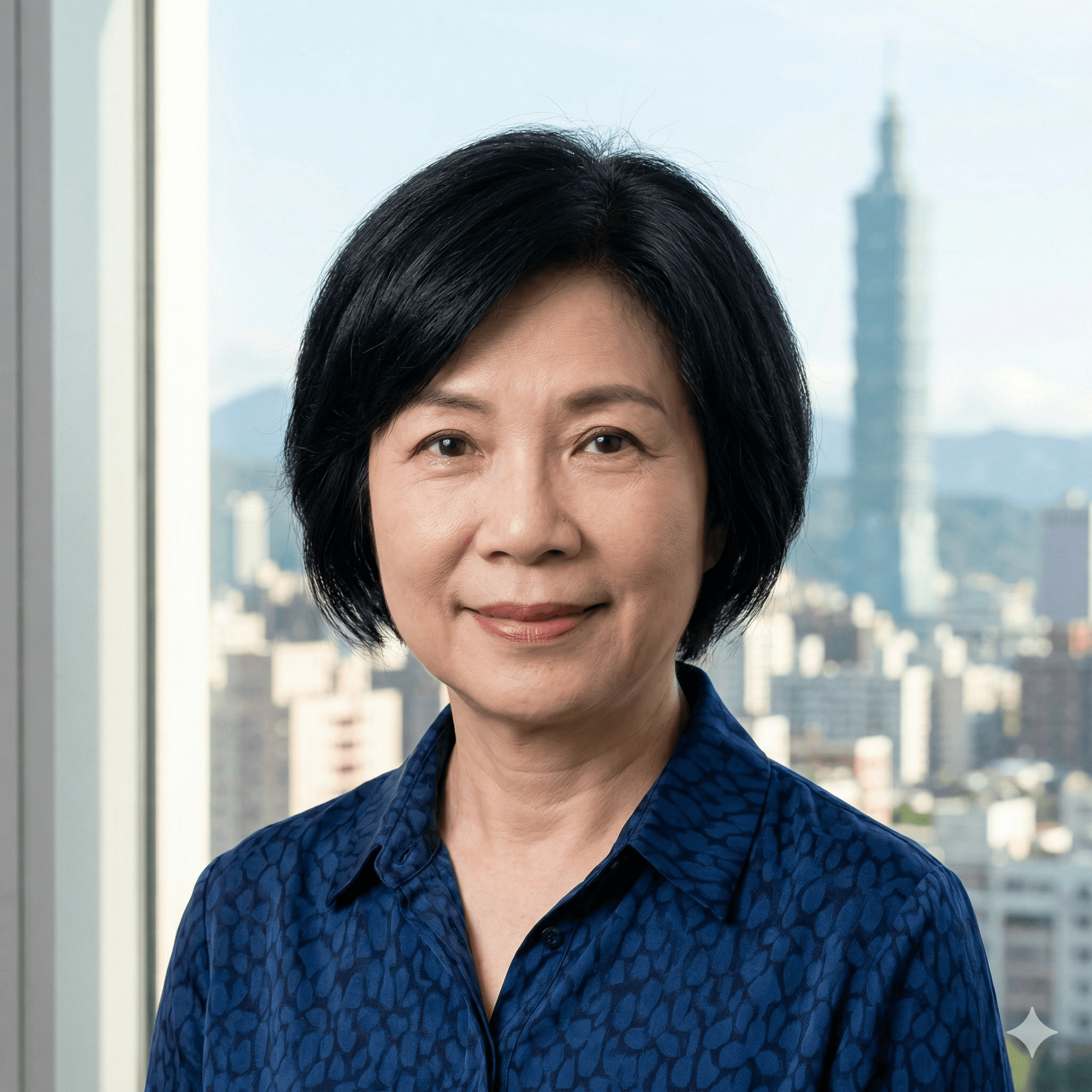 留着黑色短发、身穿蓝色花纹衬衫的中年女性,背景是模糊的台北城市天际线。
