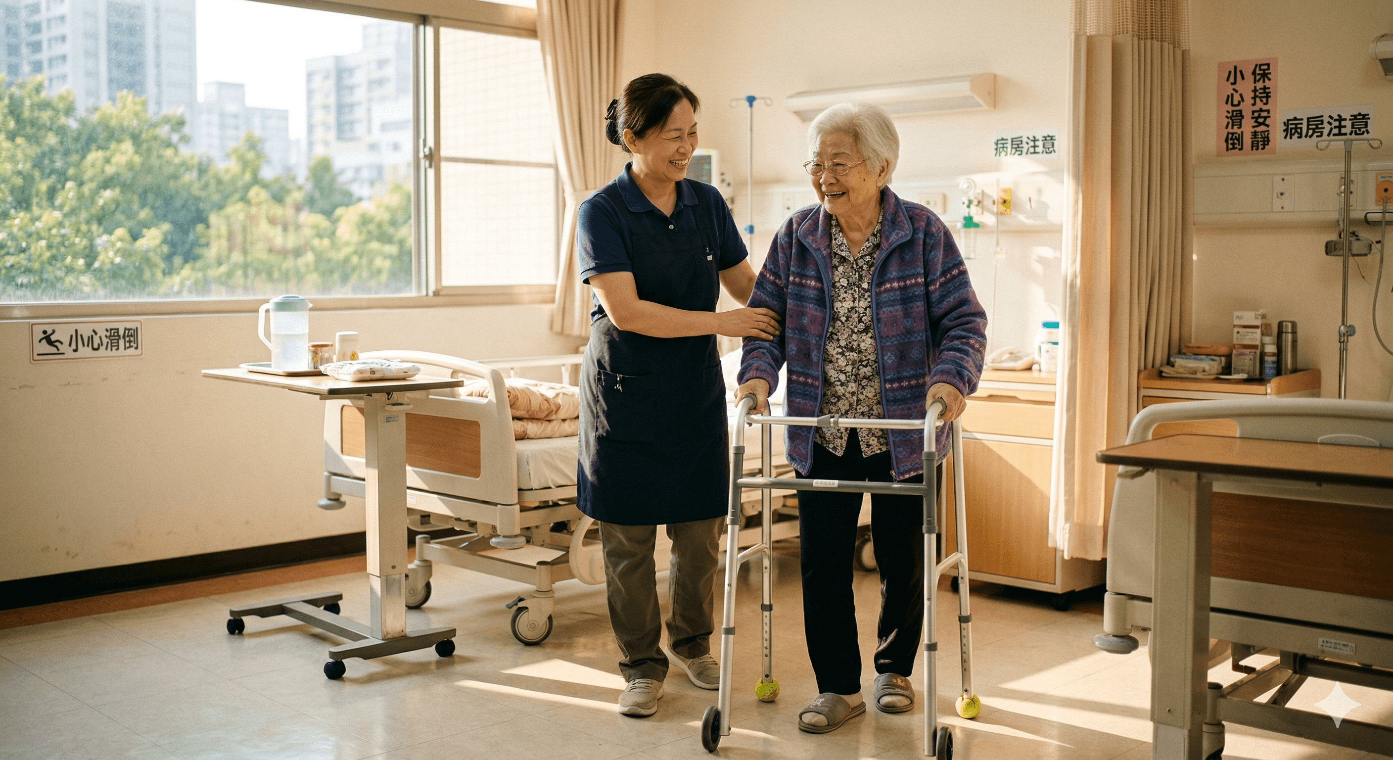 在明亮的病房里,一位微笑的护理人员正协助使用助行器的老妇人行走。