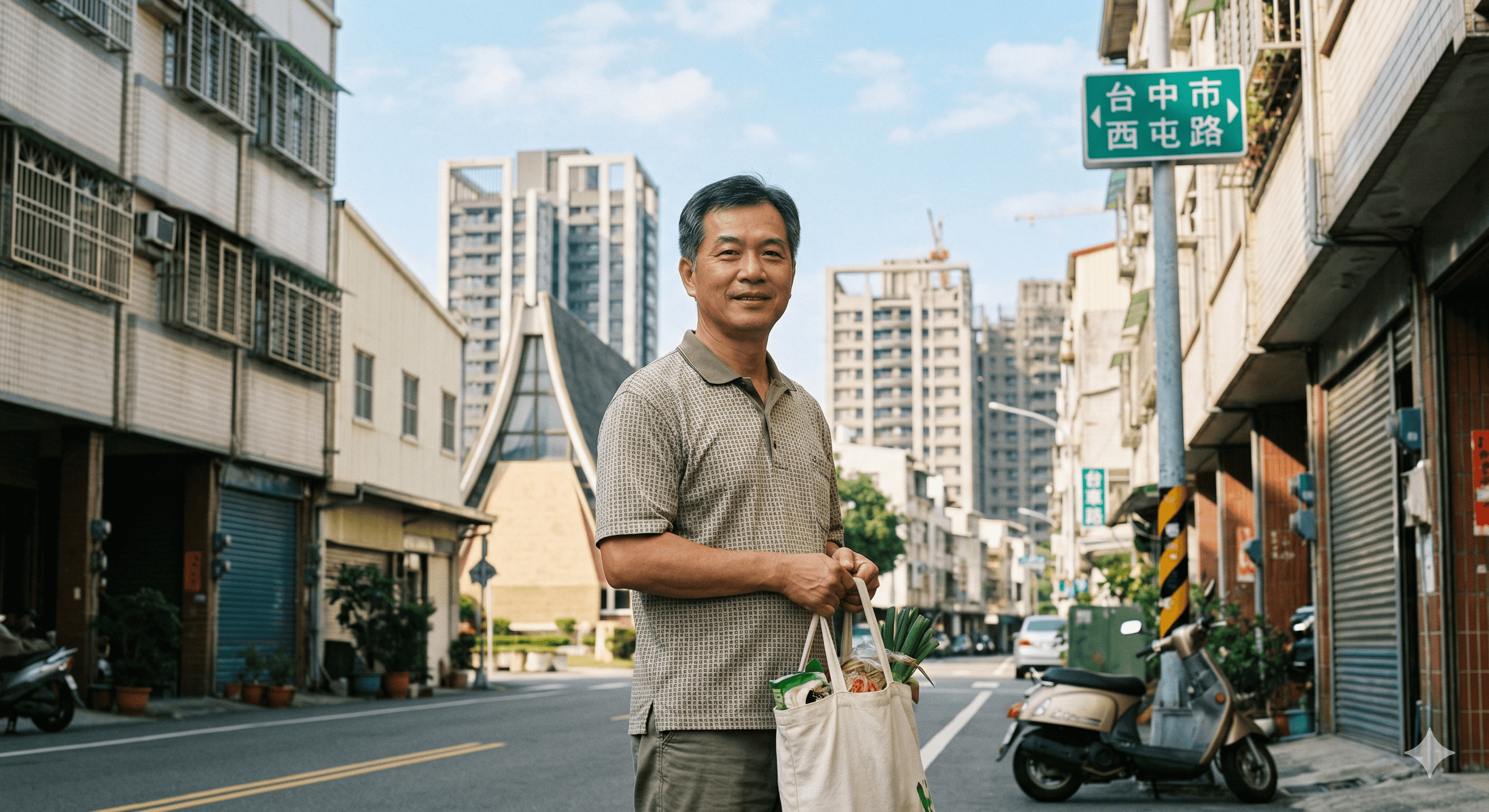 一名中年男子提著裝滿蔬菜的購物袋,站在台中市西屯路的街道上。
