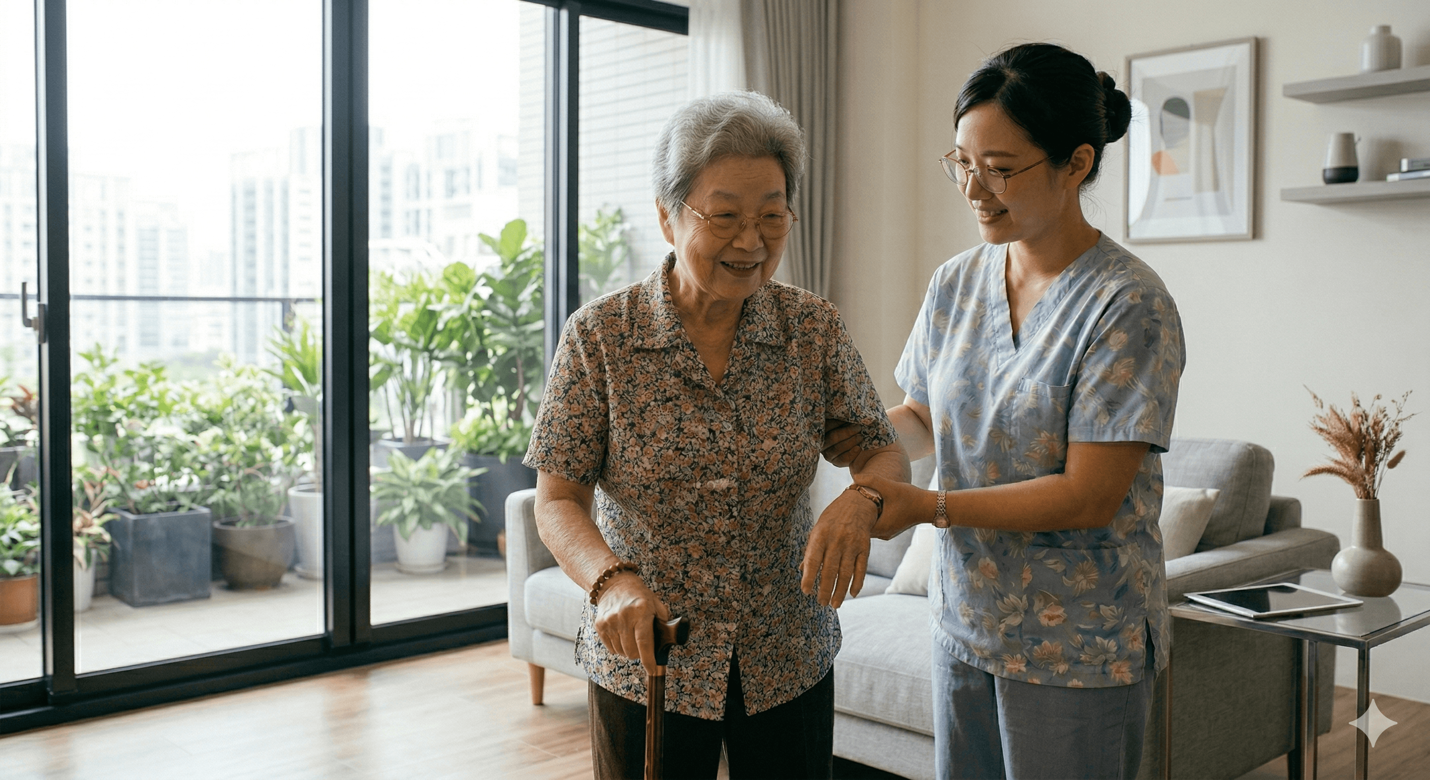 一位年轻的女护理员在明亮的客厅里,温柔地搀扶着拄拐杖的老年妇女。