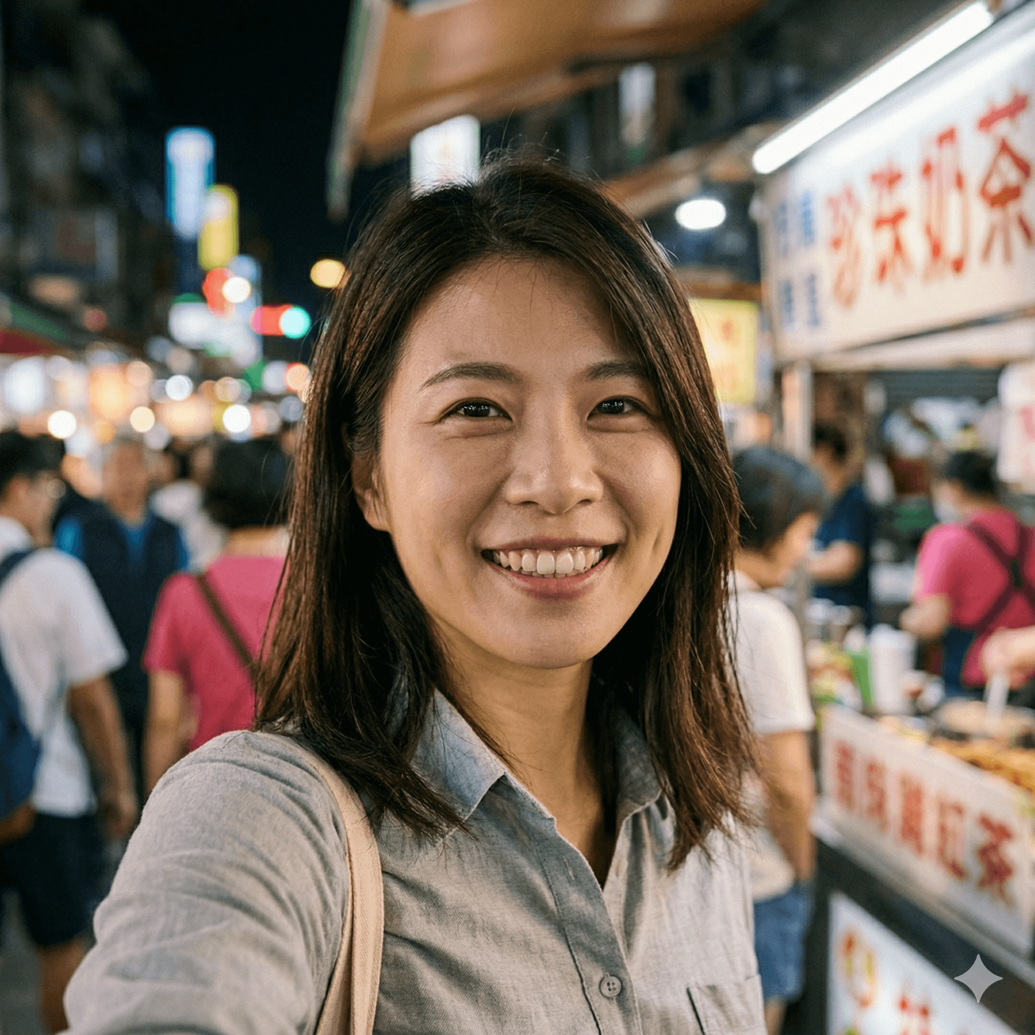 一名面帶微笑的年輕女性在熱鬧的夜市自拍,背景是燈火通明的攤位與人群。