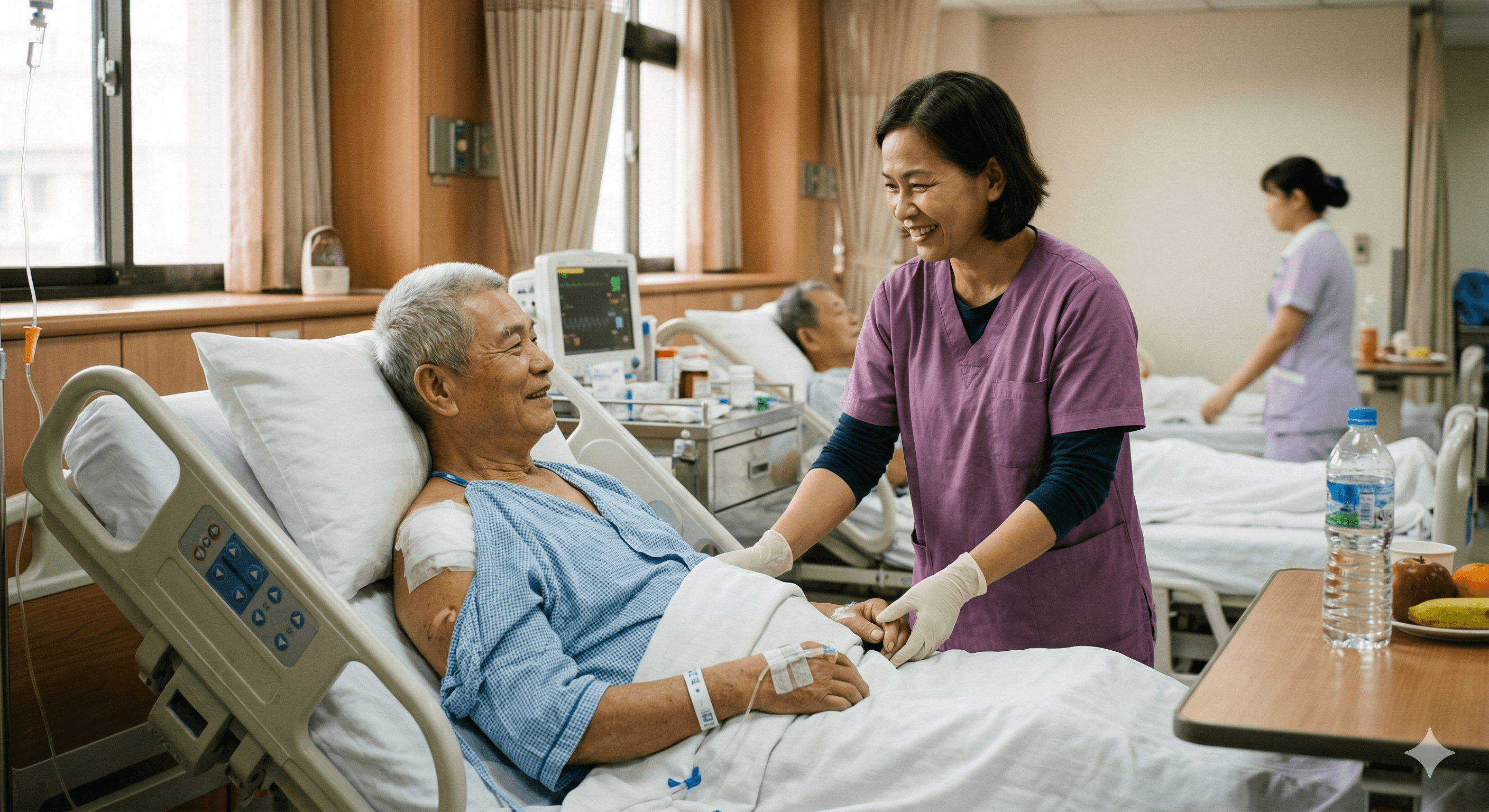 一位微笑的护士在医院病房里握着一位老年男病人的手。